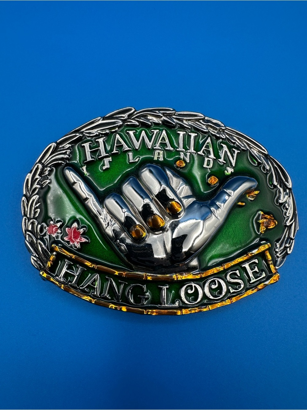 Vintage Hawaiian Islands Hang Loose Shaka Belt Buckle, NWT-Enamel in Silver Tone
